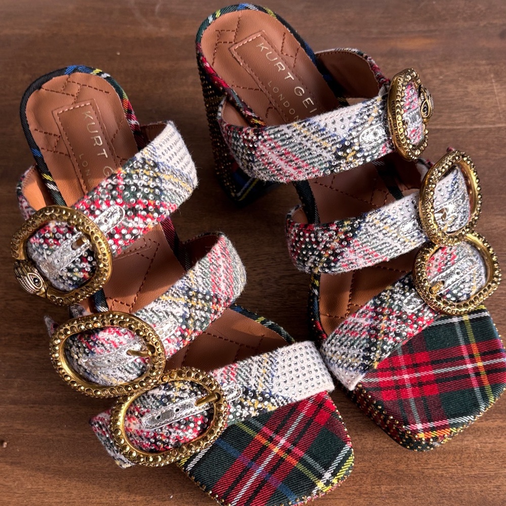 Kurt Geiger Plaid Heels with Gold Buckles